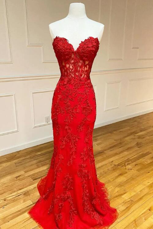 Red Strapless Lace Long Prom Dress, Mermaid Evening Dress