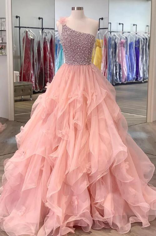 Pink Organza Beaded Long Formal Dress, A-Line One Shoulder Evening Dress