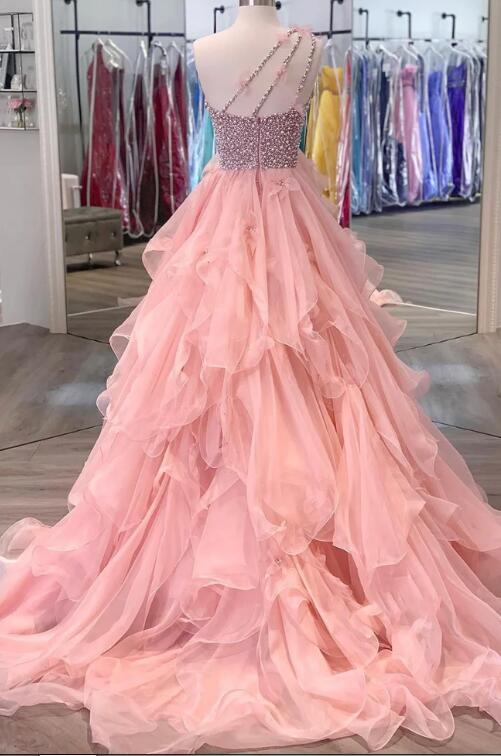 Pink Organza Beaded Long Formal Dress, A-Line One Shoulder Evening Dress