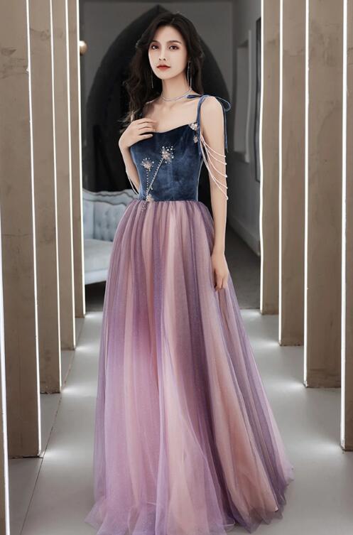 Cute Spaghetti Strap Velvet Tulle Long Prom Dress, A-Line Evening Dress