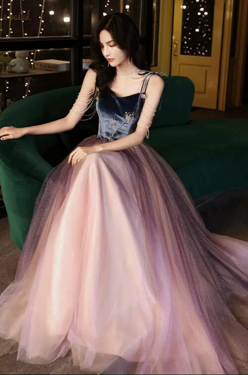 Cute Spaghetti Strap Velvet Tulle Long Prom Dress, A-Line Evening Dress