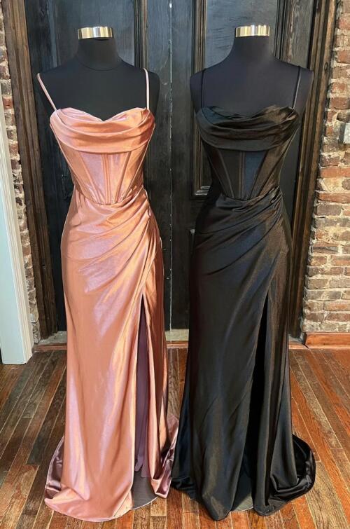 Simple Satin Long Mermaid Prom Dress, Spaghetti Straps Party Dress with Slit