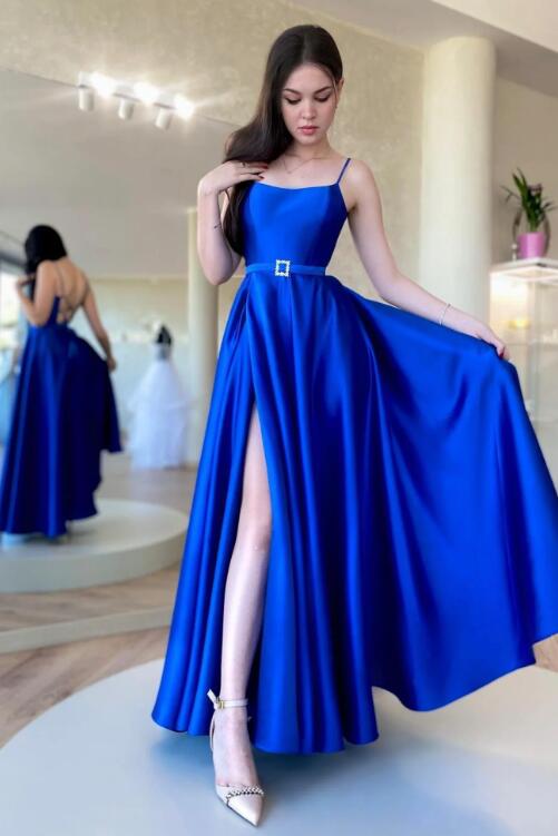 Blue Satin Long A-Line Prom Dress, Spaghetti Straps Evening Dress with Slit