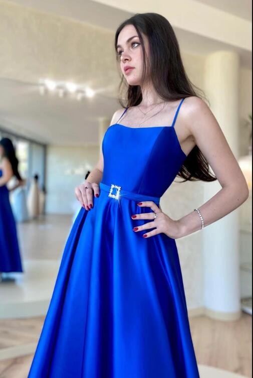 Blue Satin Long A-Line Prom Dress, Spaghetti Straps Evening Dress with Slit