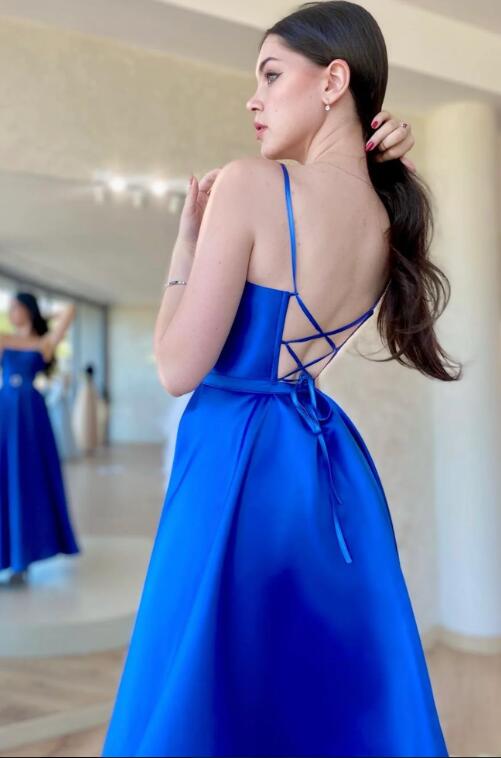 Blue Satin Long A-Line Prom Dress, Spaghetti Straps Evening Dress with Slit