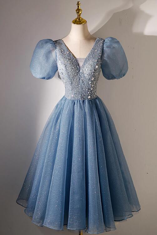 A-line V-neck Sequins Short Prom Dress, Blue Short Sleeve Evening Dress