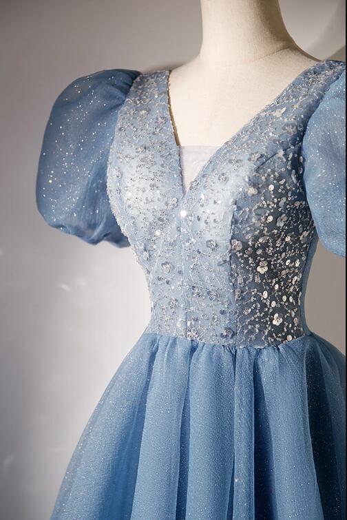 A-line V-neck Sequins Short Prom Dress, Blue Short Sleeve Evening Dress