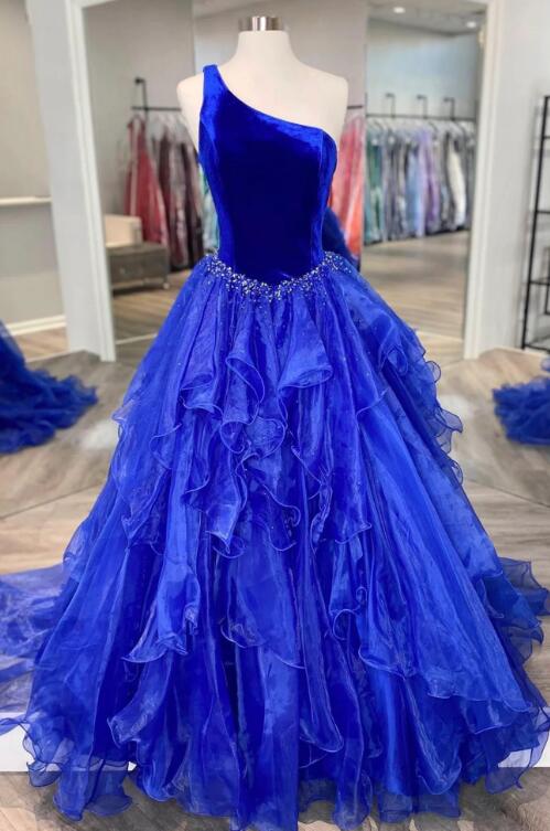 Blue Velvet Tulle One Shoulder Prom Dress, Blue Floor Length Evening Dress