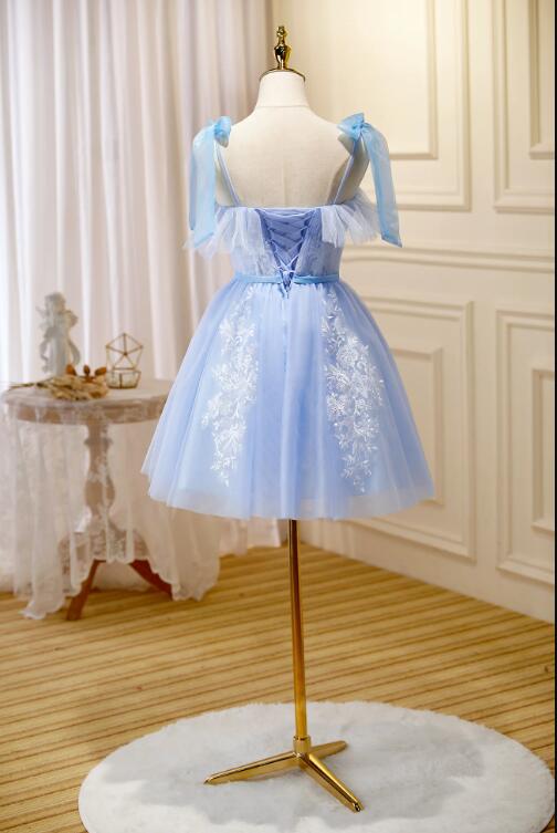 Blue Lace Knee Length Prom Dress, Lovely A-Line Homecoming Dress