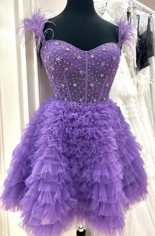 Purple Tulle Beaded Knee Length Prom Dress, A-Line Party Dress