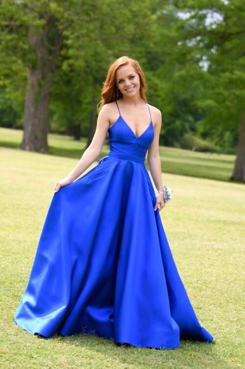 Blue Satin Long A-Line Prom Dress, V-Neck Evening Party Dress