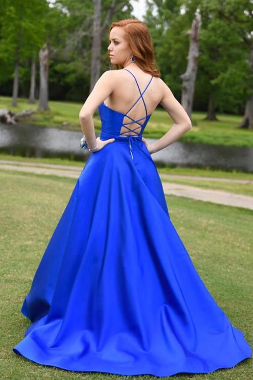 Blue Satin Long A-Line Prom Dress, V-Neck Evening Party Dress