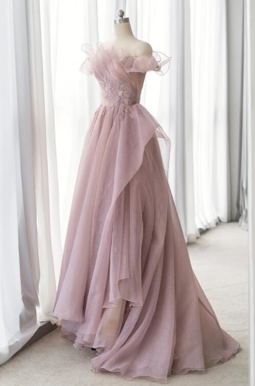 Pink Tulle Long A-line Prom Dress, Lovely Off the Shoulder Evening Dress