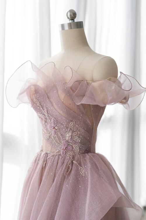 Pink Tulle Long A-line Prom Dress, Lovely Off the Shoulder Evening Dress