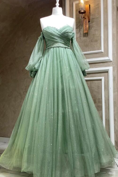 Green Tulle Long Sleeve Prom Dress, A-Line Off the Shoulder Evening Dress