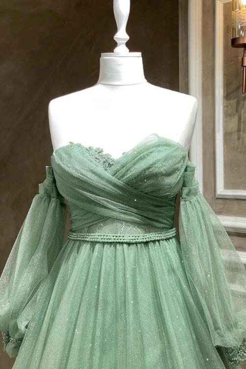 Green Tulle Long Sleeve Prom Dress, A-Line Off the Shoulder Evening Dress