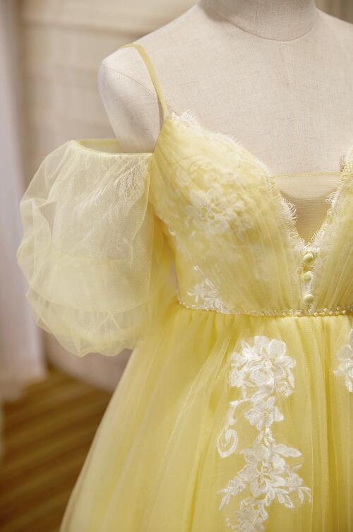 Yellow Lace Short Prom Dress, Off the Shoulder Homecoming Dress