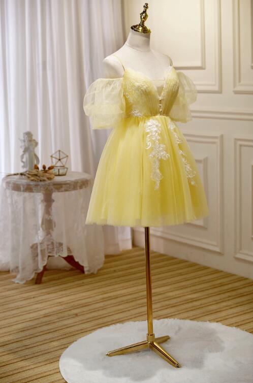 Yellow Lace Short Prom Dress, Off the Shoulder Homecoming Dress