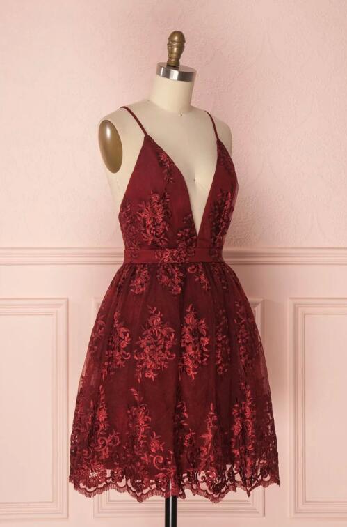 Burgundy V-Neck Lace Short Backless Prom Dress, Cute Lace Party Dress