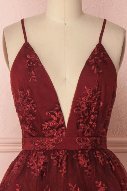 Burgundy V-Neck Lace Short Backless Prom Dress, Cute Lace Party Dress