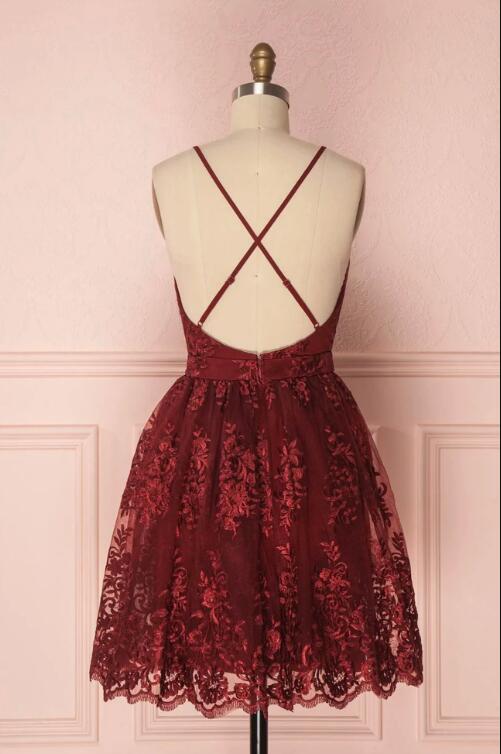 Burgundy V-Neck Lace Short Backless Prom Dress, Cute Lace Party Dress