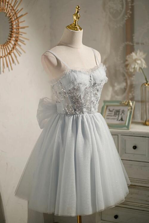 Gray Tulle Short A-Line Prom Dress, Cute Evening Party Dress