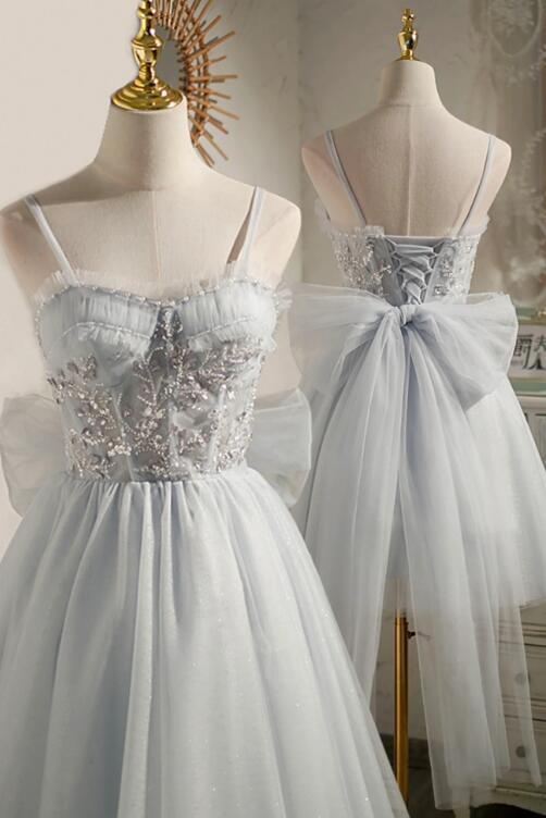 Gray Tulle Short A-Line Prom Dress, Cute Evening Party Dress