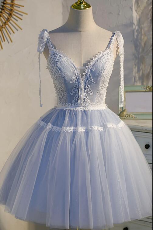 Blue Lace Short A-Line Prom Dress, Cute Spaghetti Strap Party Dress