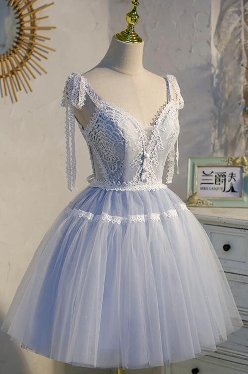 Blue Lace Short A-Line Prom Dress, Cute Spaghetti Strap Party Dress