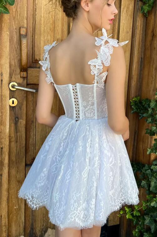 White Lace Short Prom Dress, A-Line Mini Party Dress