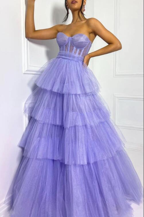 Purple Strapless Layers Tulle Long Prom Dress, A-Line Evening Dress