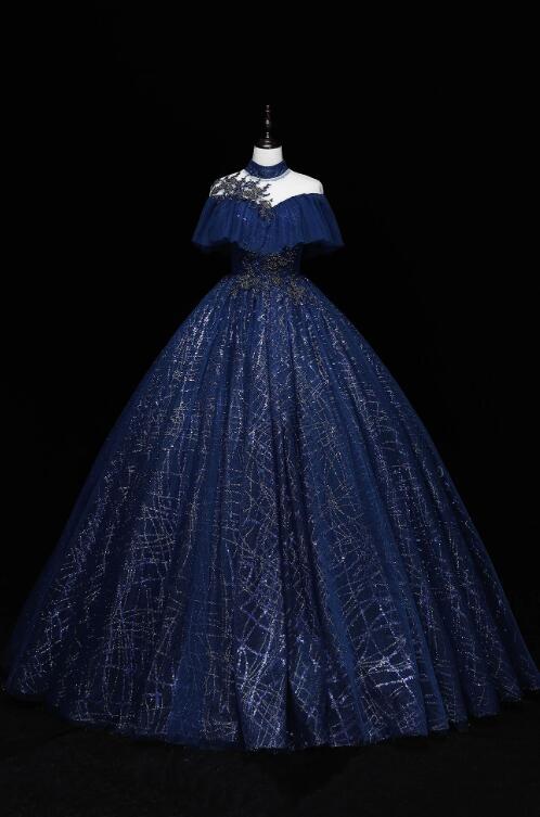 Blue Tulle Sequins Long Ball Gown, Elegant A-Line Formal Gown