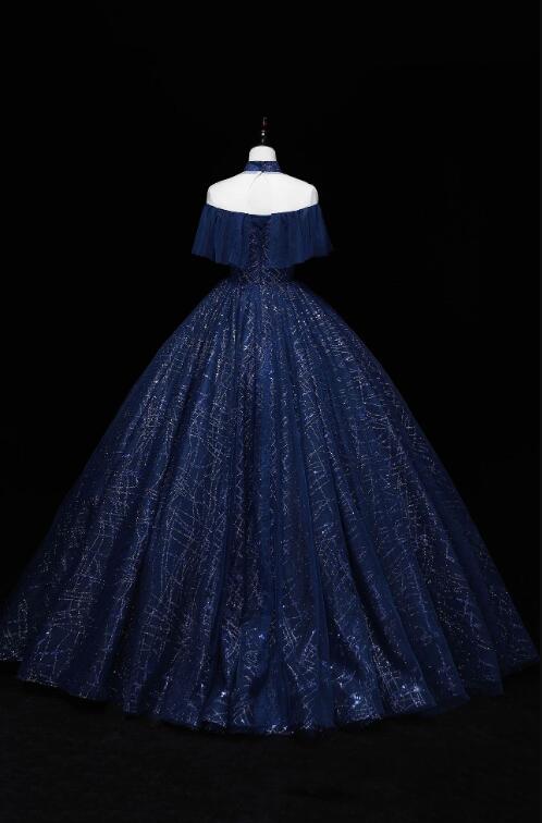 Blue Tulle Sequins Long Ball Gown, Elegant A-Line Formal Gown