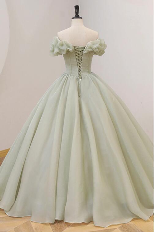 Green Ball Gown, A-Line Off the Shoulder Evening Gown with Beaded