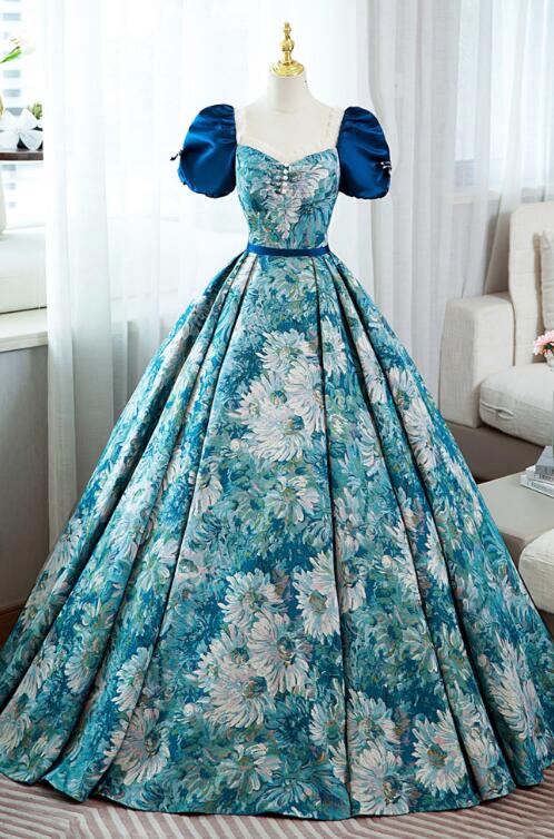 Blue Printed Long A-Line Prom Dress, Elegant Short Sleeve Formal Dress