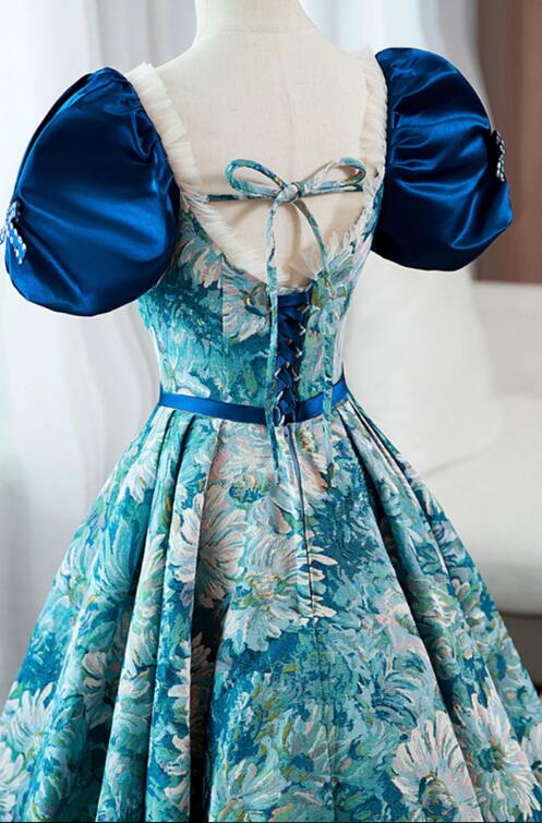 Blue Printed Long A-Line Prom Dress, Elegant Short Sleeve Formal Dress