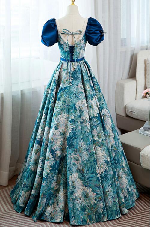 Blue Printed Long A-Line Prom Dress, Elegant Short Sleeve Formal Dress