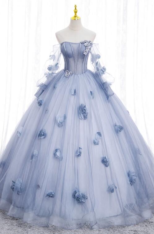 Blue Tulle Long Sleeve Prom Dress, A-Line Off the Shoulder Evening Gown