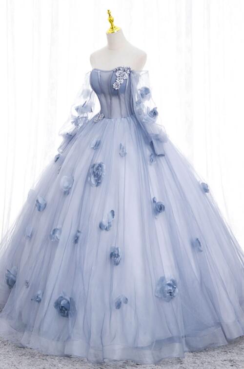 Blue Tulle Long Sleeve Prom Dress, A-Line Off the Shoulder Evening Gown