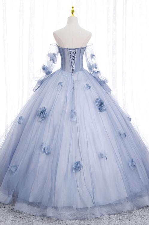 Blue Tulle Long Sleeve Prom Dress, A-Line Off the Shoulder Evening Gown