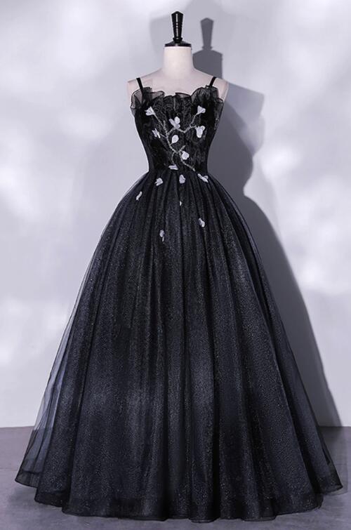 Black Tulle Long A-Line Evening Gown, Black Spaghetti Strap Evening Gown