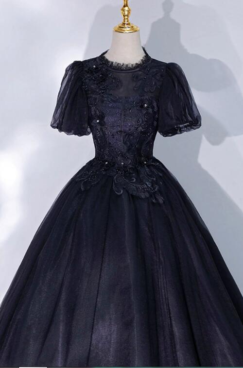 Black Tulle Lace Long A-Line Prom Dress, A-Line Short Sleeve Evening Gown