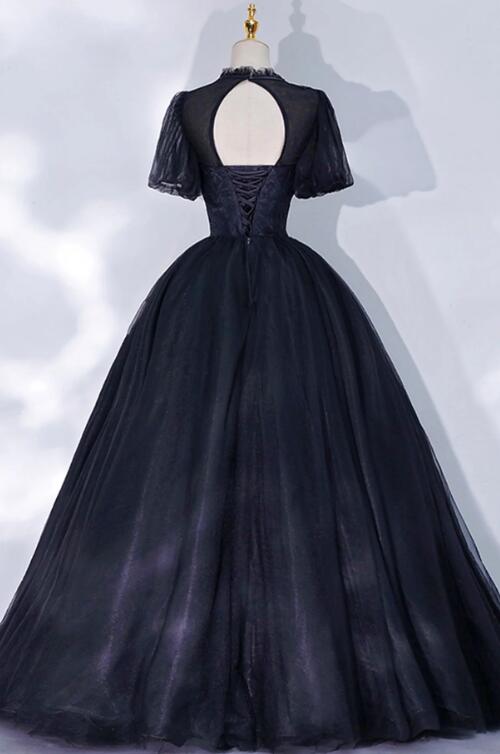 Black Tulle Lace Long A-Line Prom Dress, A-Line Short Sleeve Evening Gown