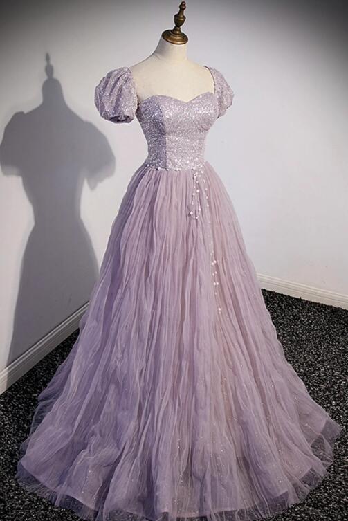 Purple Tulle Sequins Floor Length Prom Dress, A-Line Evening Party Dress