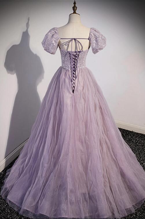 Purple Tulle Sequins Floor Length Prom Dress, A-Line Evening Party Dress