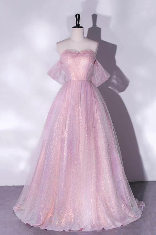 Pink Tulle Sequins Long Prom Dress, A-Line Formal Graduation Dress