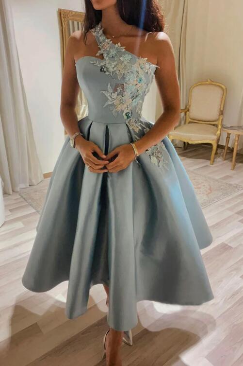 Cute One Shoulder Satin Lace Short Prom Dress, A-Line Party Dress