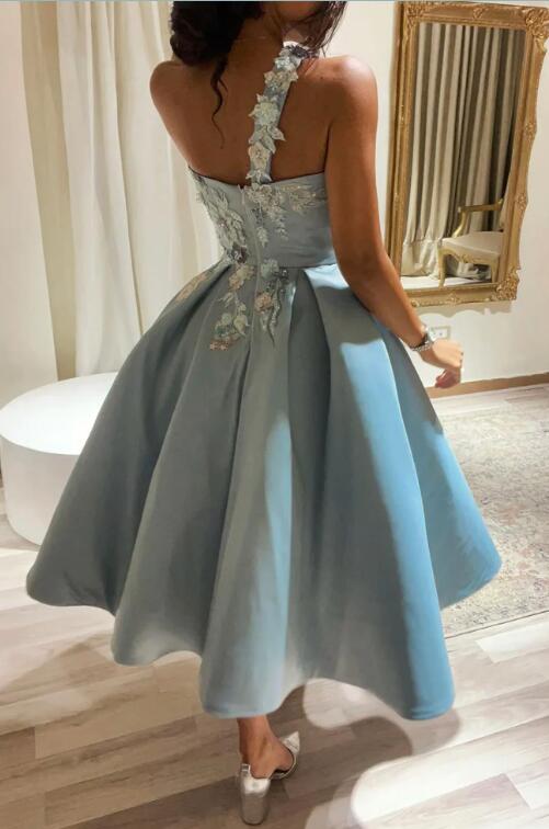 Cute One Shoulder Satin Lace Short Prom Dress, A-Line Party Dress