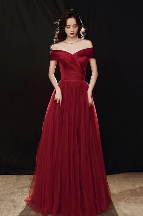 Burgundy Tulle Floor Length Prom Dress, Off the Shoulder Party Dress