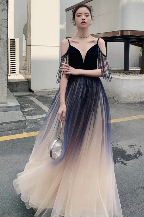 Blue Ombre Tulle V-Neck Long Party Dress, A-line Prom Dress